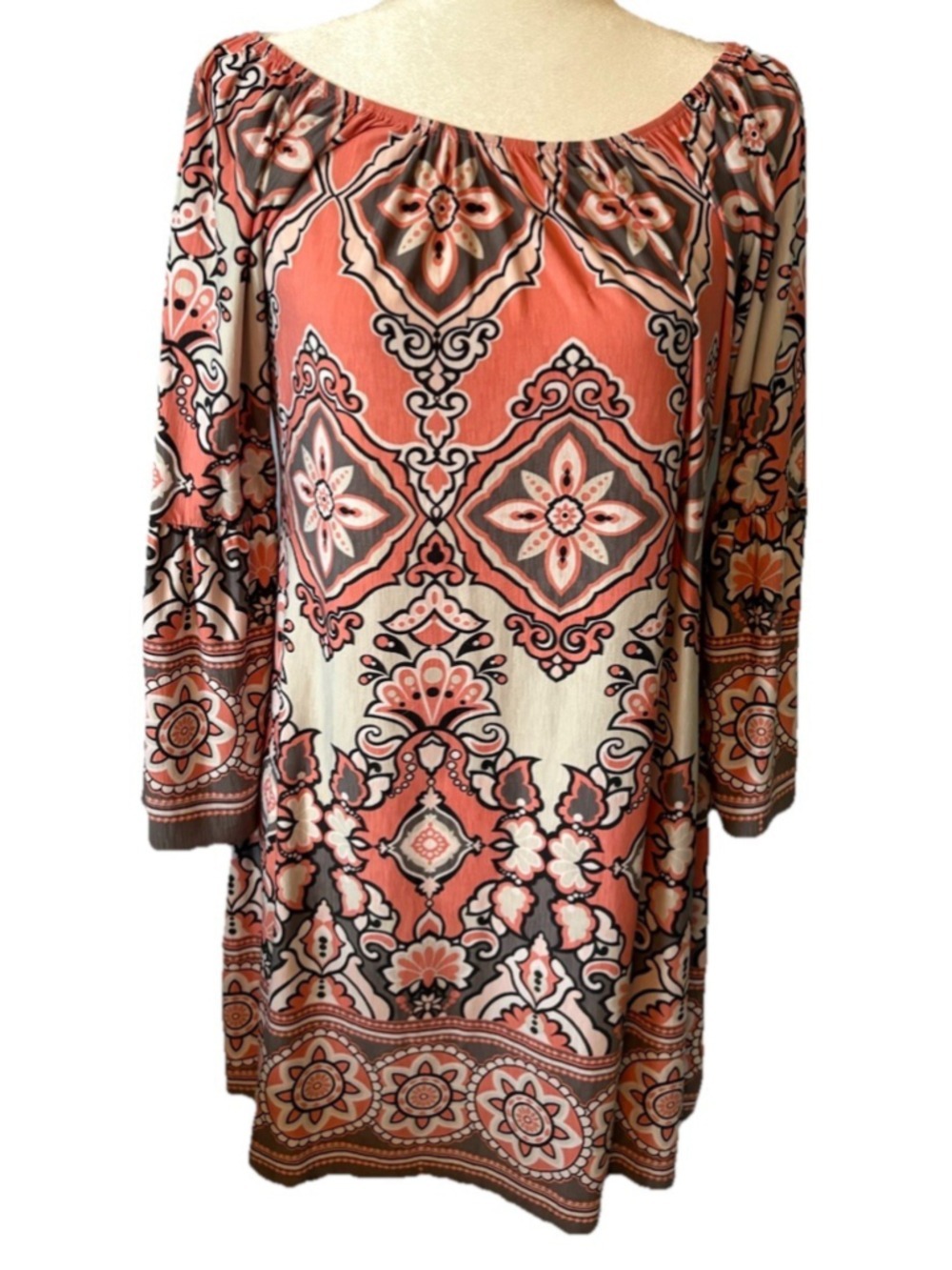 Honeyme Medallion Print Boho Dress M Coral Pink Gray Bell Sleeve Mini Made in LA